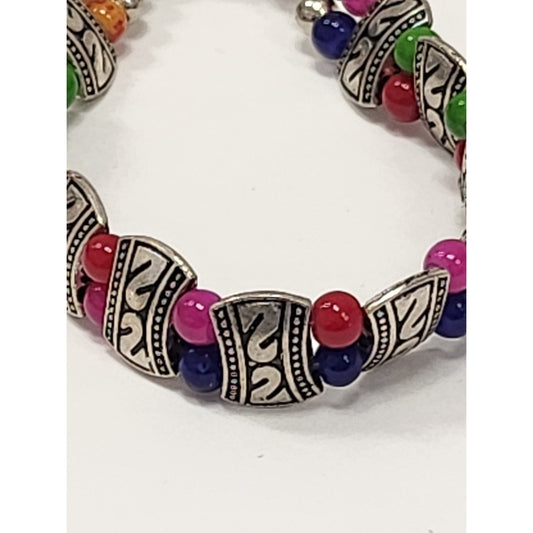 Boho Multi Color Beaded Bracelet Silver Tone Etched Spacers Adjustable Lobster