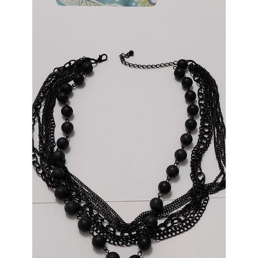 Gothic Multi Strand Black Chain Matte Bead Necklace Large Red Faceted Pendant
