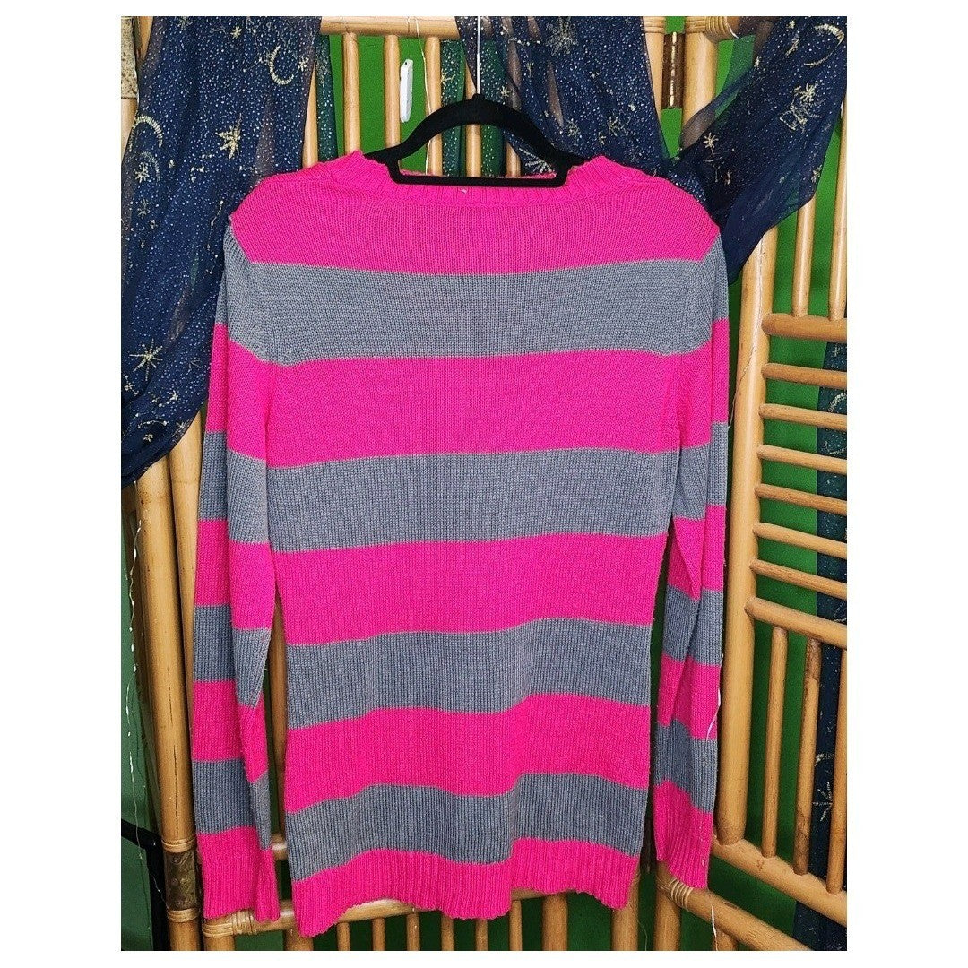 No Boundaries Juniors Large 11-13 Pink Grey Striped Knit Sweater Front Pocket