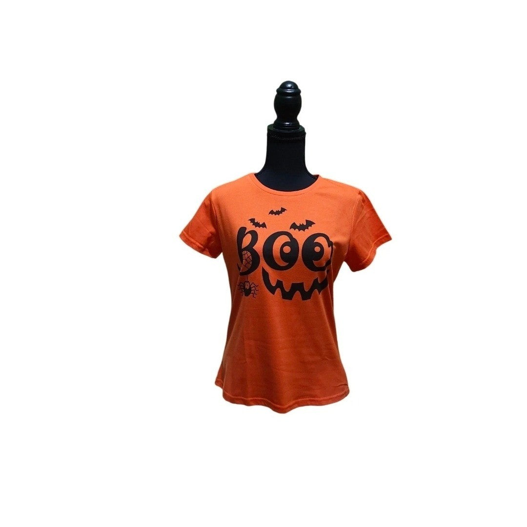 Happy Halloween Boo Bats Spider Orange T Shirt Womens Graphic Tee New