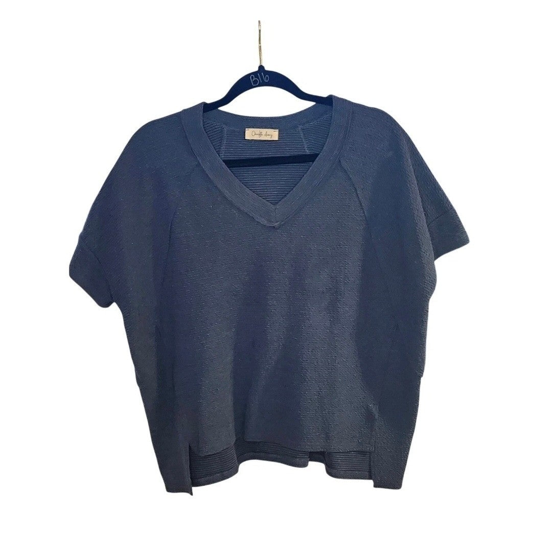 Boutique Navy Blue Textured Waffle Knit V-Neck Top Oversized Slouchy