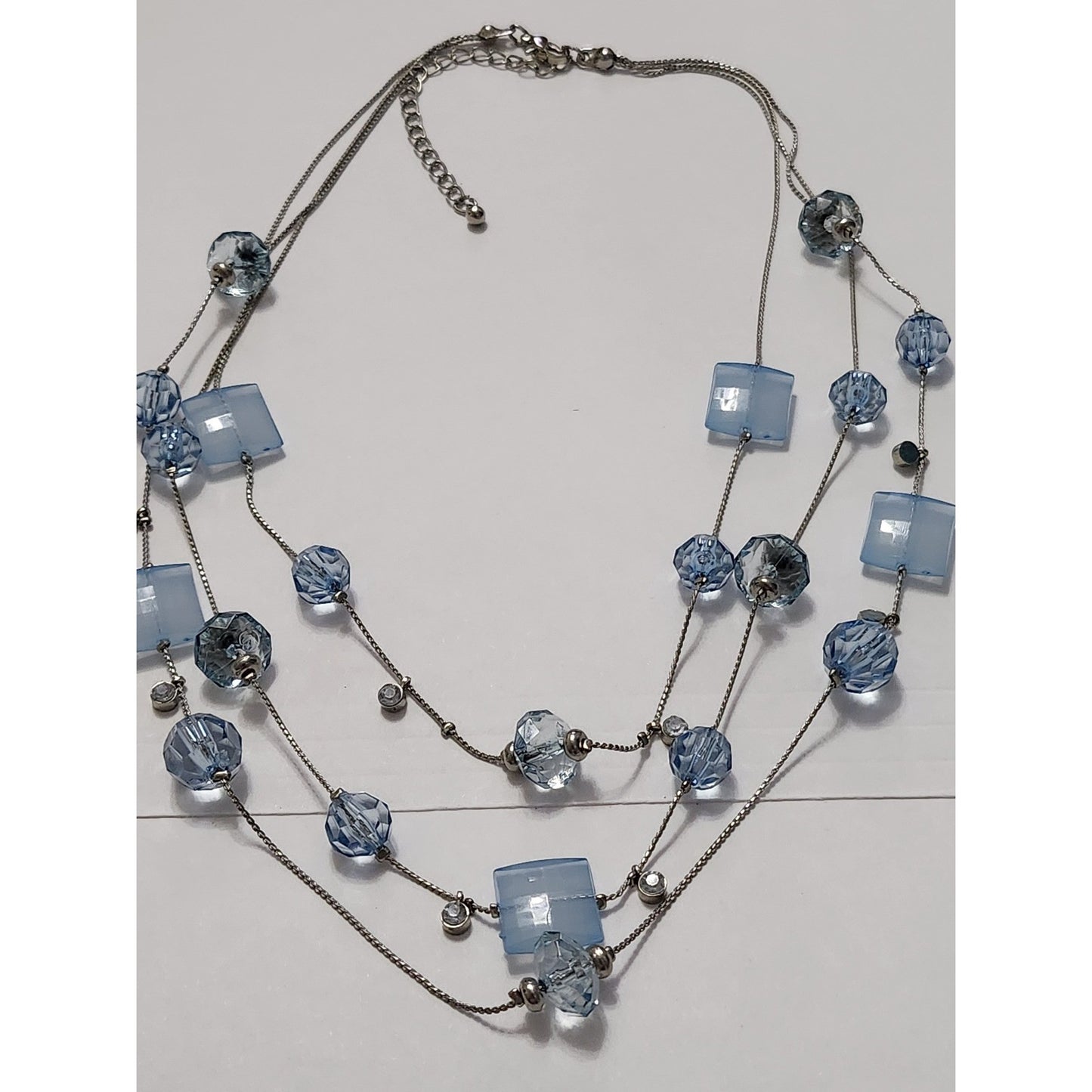 Blue Beaded Multi Strand Necklace and Earring Set Silver Tone Layered Jewelry