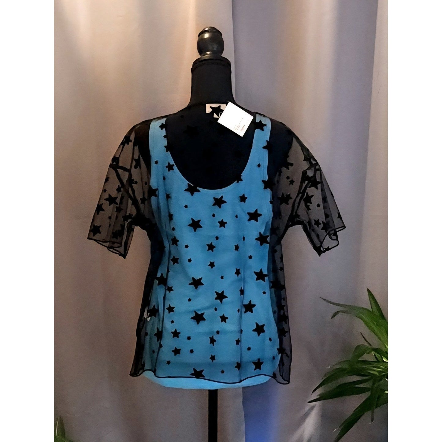 Lala Factory Black Mesh Star Top Sheer Short Sleeve Festival Goth Rave NEW