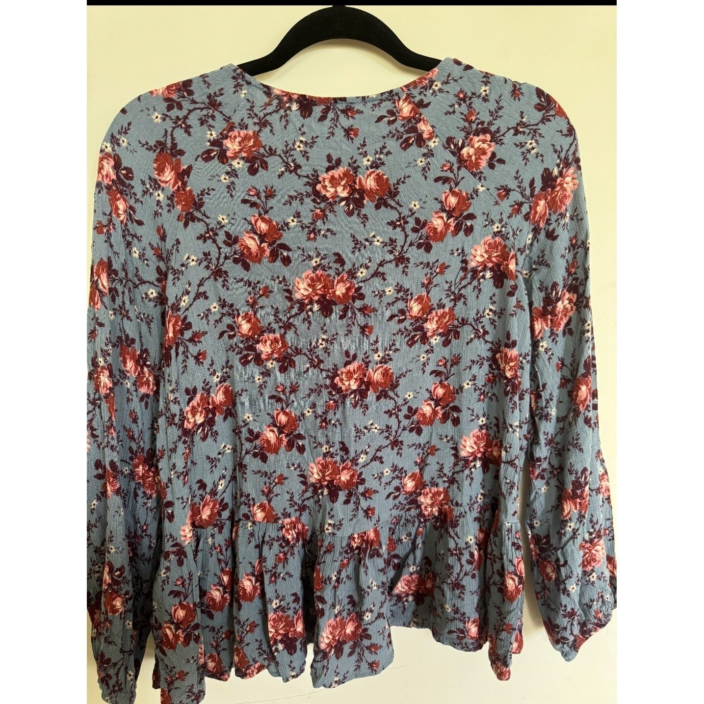 American Eagle Floral Babydoll Blouse Blue Red Long Sleeve Peplum Top Medium