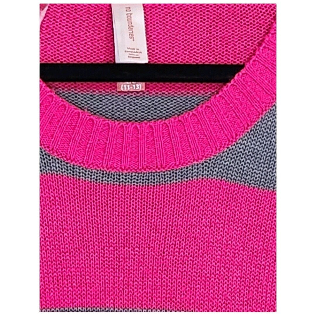 No Boundaries Juniors Pink Grey Striped Knit Sweater Kangaroo Pocket Y2K Large