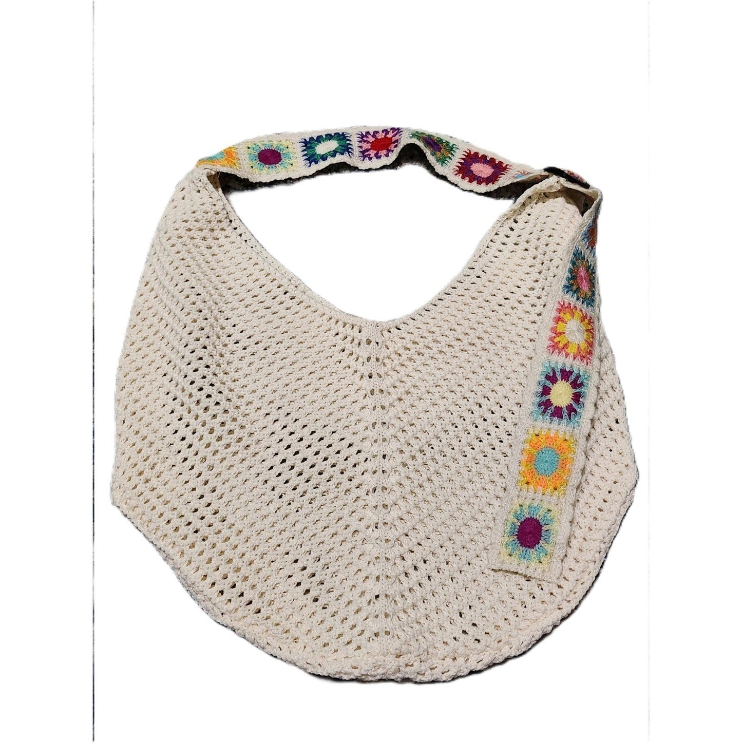 NEW Crochet Hobo Bag Cream Boho Shoulder Bag Granny Square Rainbow Strap Slouchy
