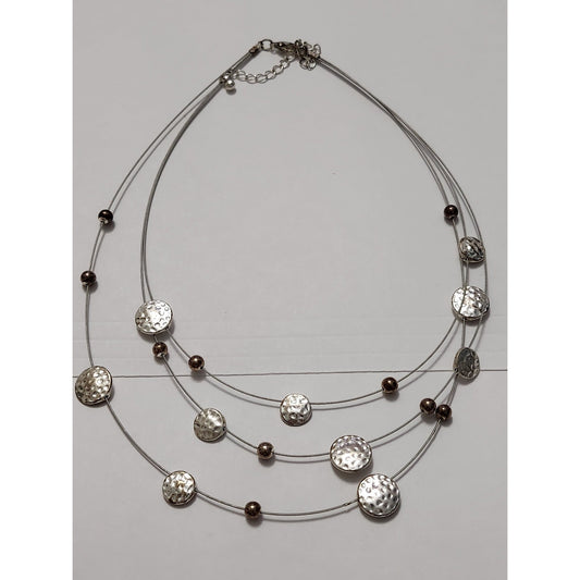 Silver Tone Triple Strand Wire Necklace Hammered Disc Beaded Layered Minimalist