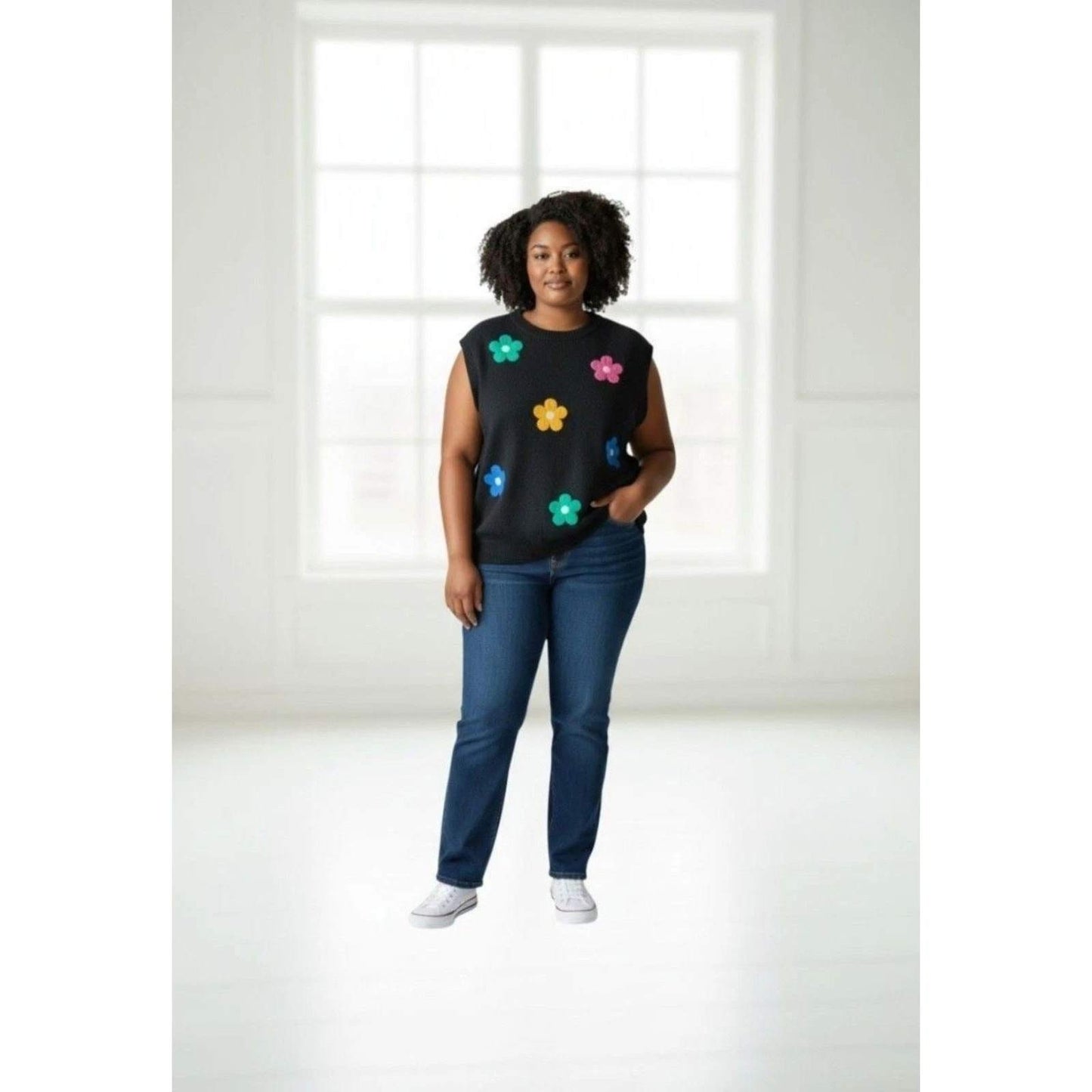 Shein Retro Floral Sweater Vest Black Sleeveless Knit Flower Applique Top Large