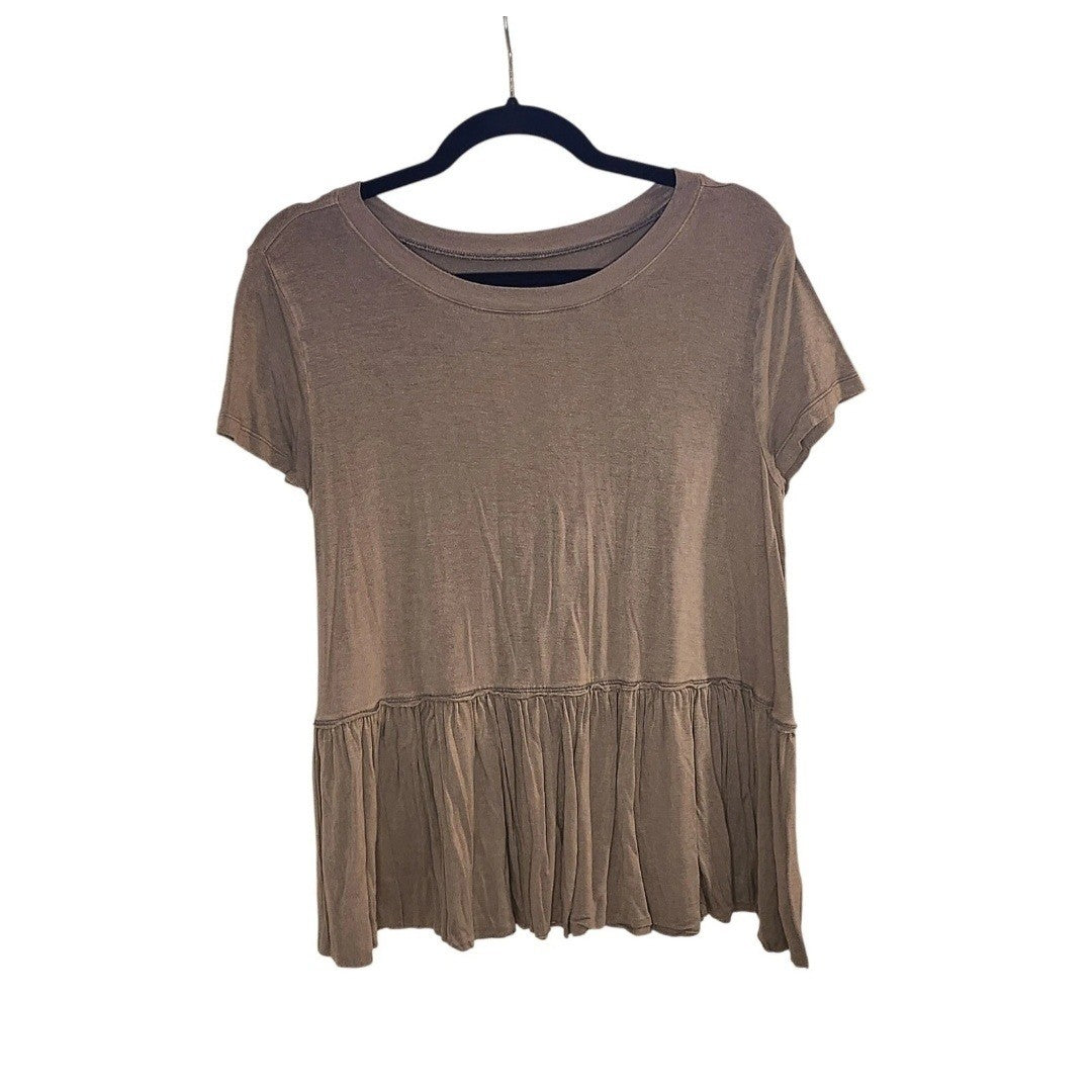 Womens Taupe Brown Peplum T-Shirt Short Sleeve Crew Neck Ruffle Hem Boho Top