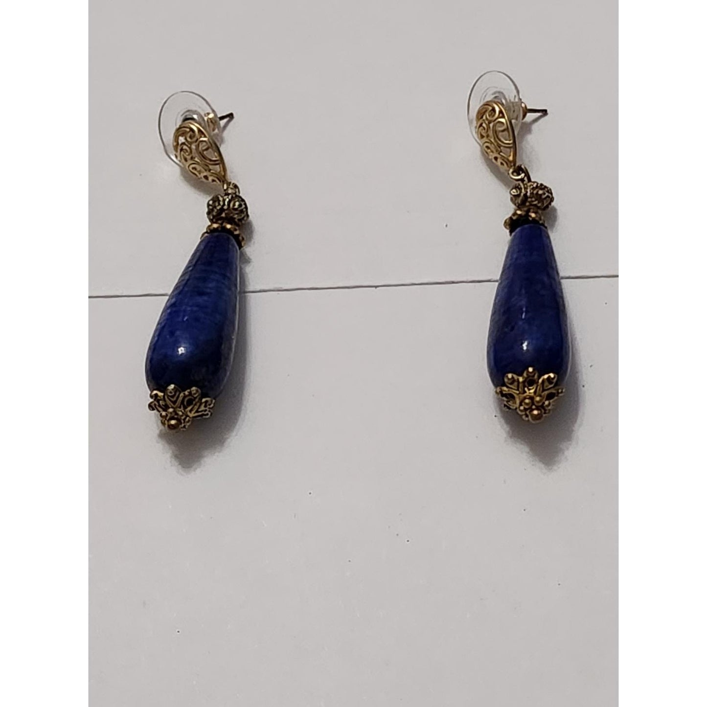 Vintage Lapis Lazuli Beaded Necklace Teardrop Earring Set Gold Tone Boho Blue