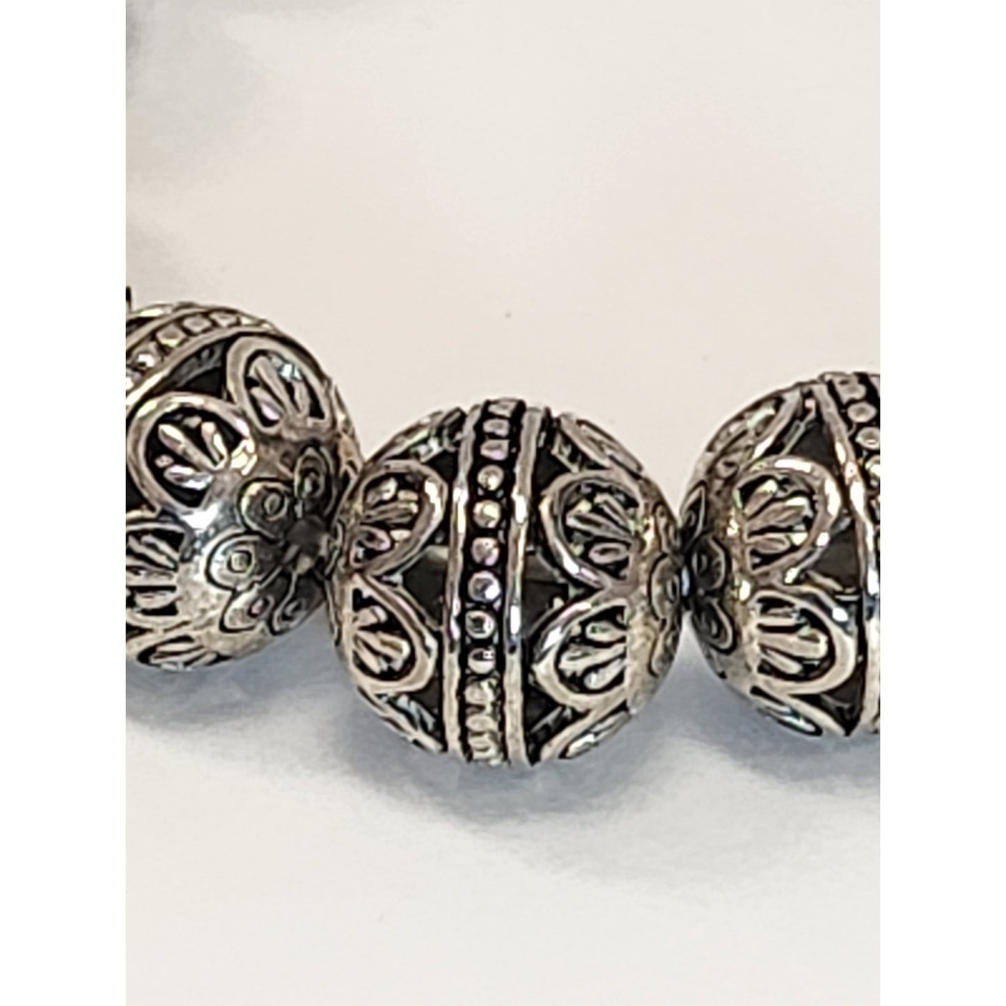 Silver Tone Filigree Beaded Stretch Bracelet Ornate Boho Openwork Ball Jewelry