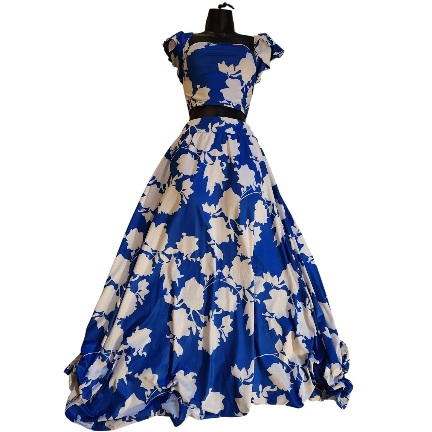 Blue White Floral Two Piece Maxi Skirt Set Cap Sleeve Crop Top XXL