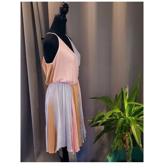 SugarFox Colorblock Ditsy Floral Surplice V-Neck Mini Dress Pink Blue Mustard L