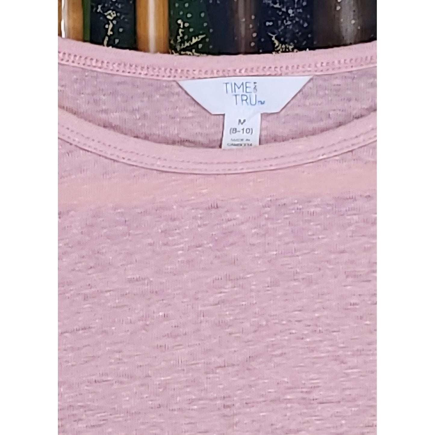 Time and Tru Light Pink Slub Knit Top Crochet Lace Trim Sleeves Womens Size M