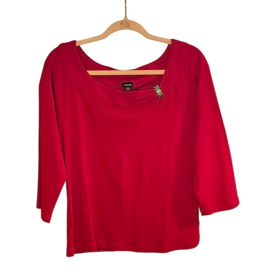 Rafaella Womens Red Draped Cowl Neck 3/4 Sleeve Top Rhinestone Brooch Accent L