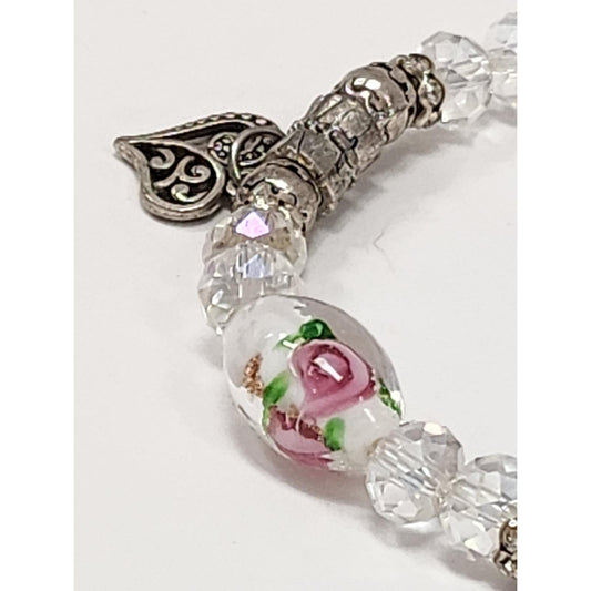 Vintage Style Floral Glass Rose Heart Charm Stretch Bracelet Silver Tone Pink
