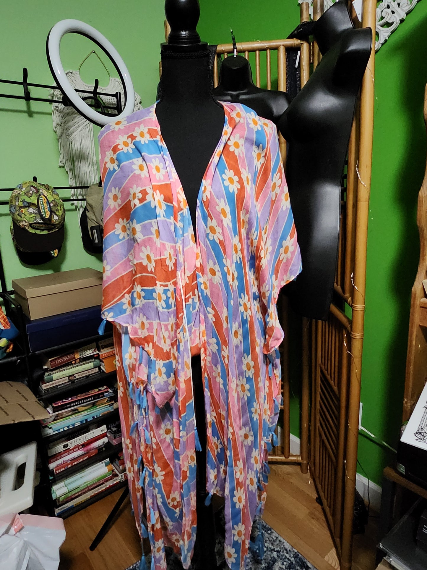 Katy Did Womens Retro Daisy Floral Striped Kimono Wrap Fringe Trim Cover Up New