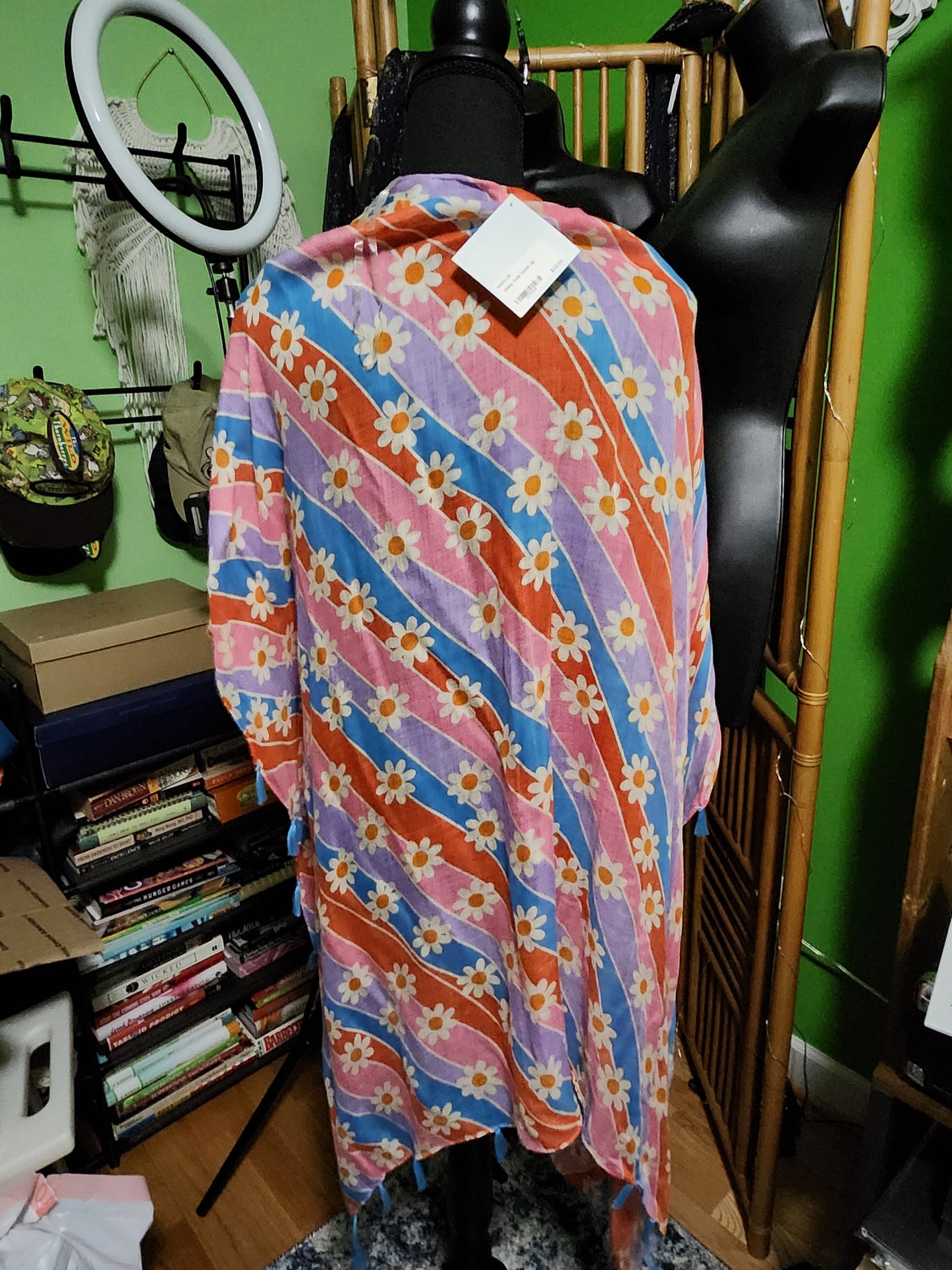 Katy Did Womens Retro Daisy Floral Striped Kimono Wrap Fringe Trim Cover Up New