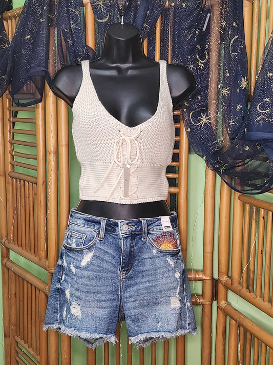 Judy Blue High Rise Cut Off Denim Shorts Sun Embroidery Distressed Boho Summer