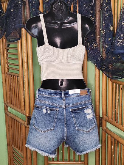 Judy Blue High Rise Cut Off Denim Shorts Sun Embroidery Distressed Boho Summer