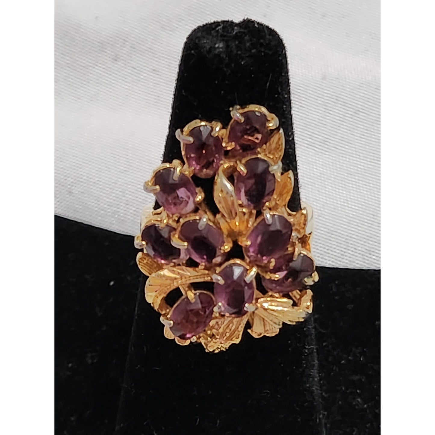 Vintage Gold Tone Purple Amethyst Cluster Cocktail Ring Size 6.25 Statement