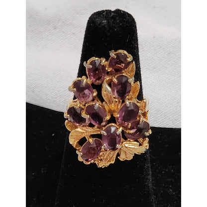 Vintage Gold Tone Purple Amethyst Cluster Cocktail Ring Size 6.25 Statement