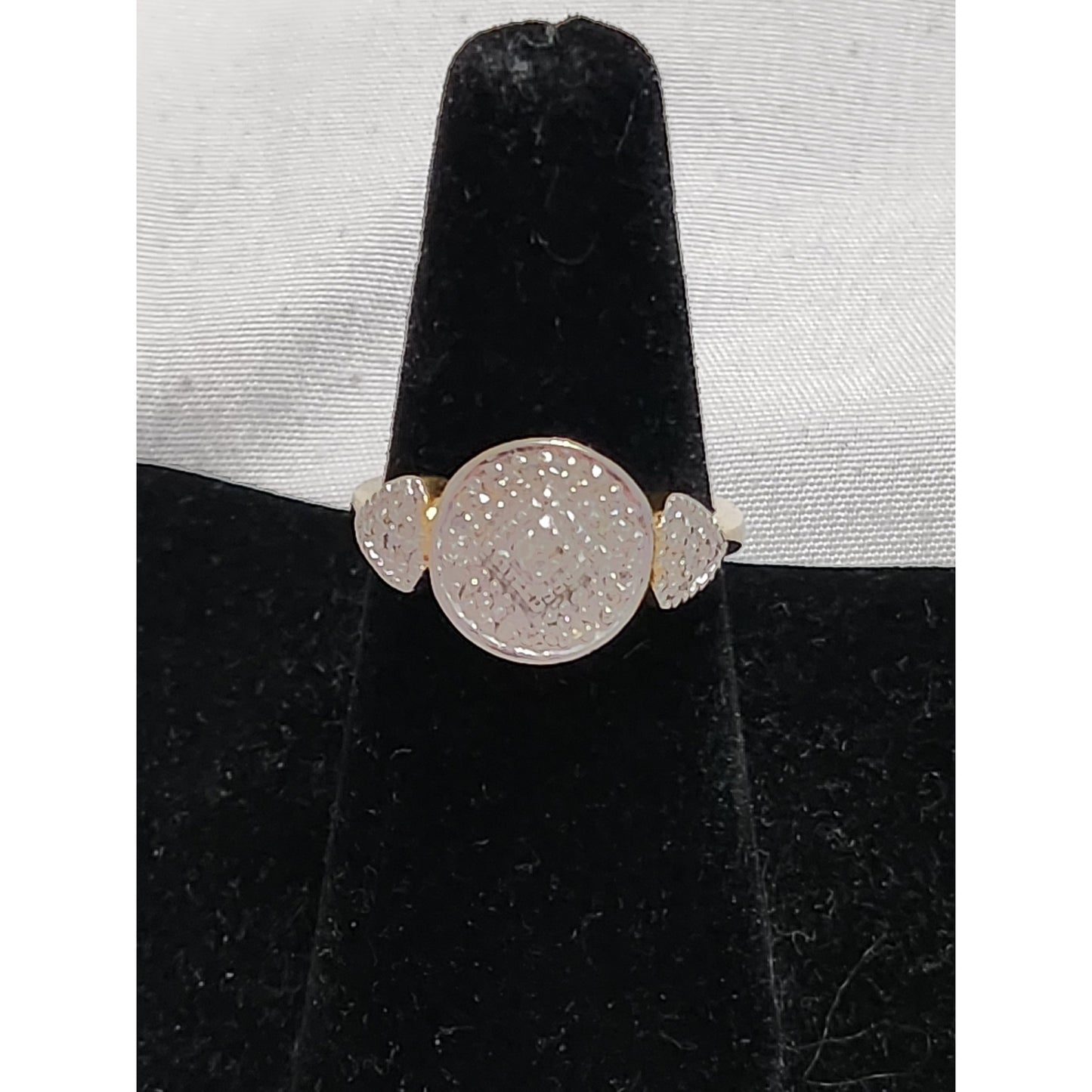 Gold Plated 925 Sterling Silver Pave Circle Triangle Three Stone Ring Size 7.5