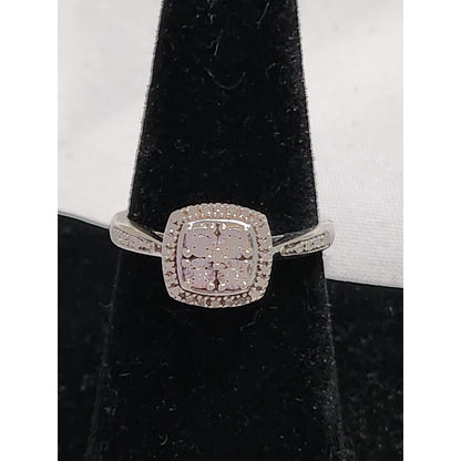 SK9 Sterling Silver 925 Cushion Halo Cluster Ring Size 7 White Stone Accent