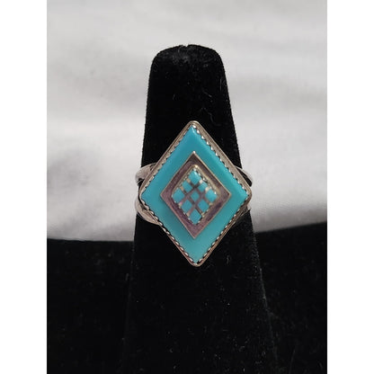 Vintage Sterling Silver Turquoise Mosaic Inlay Diamond Shape Ring Size 6.75