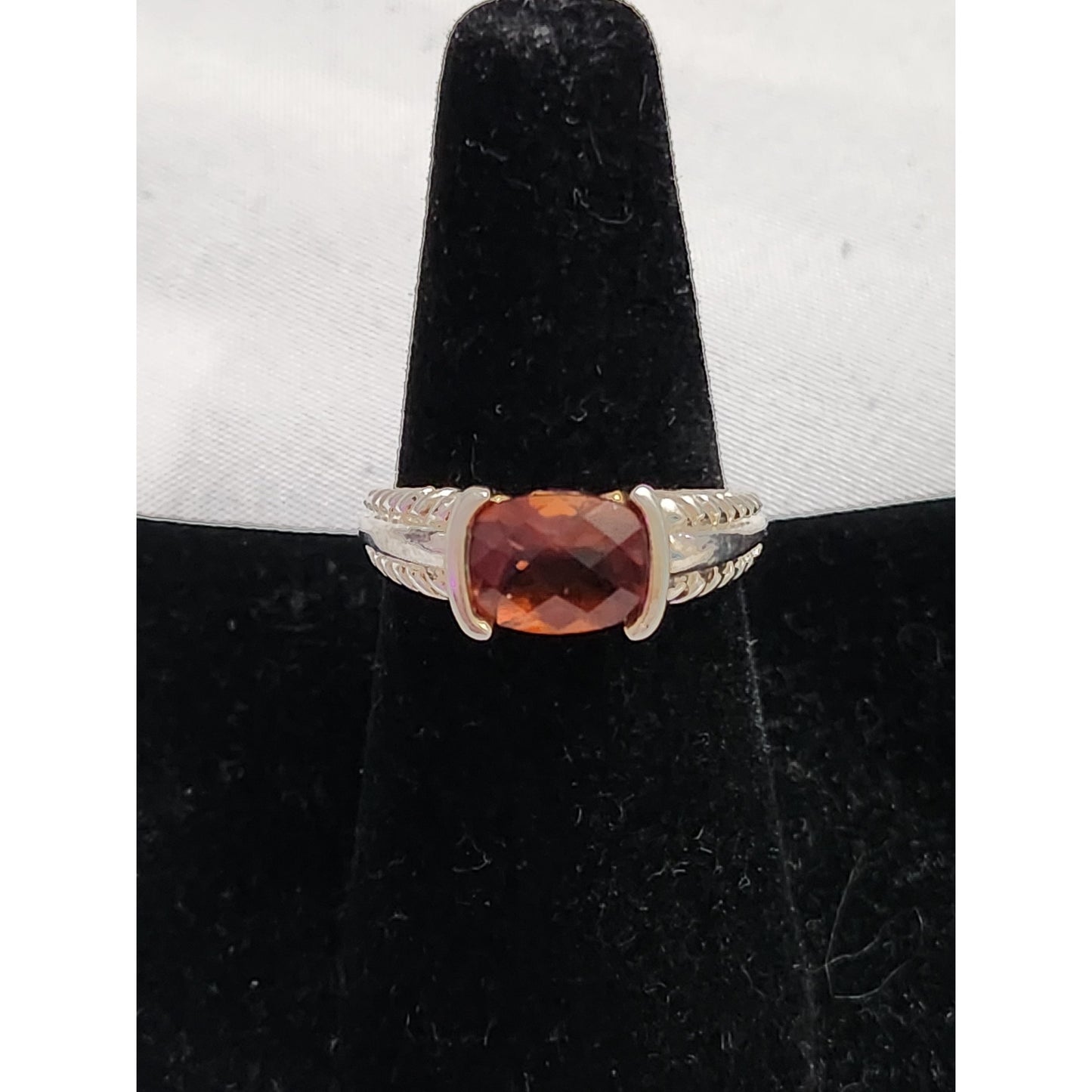 925 Sterling Silver Cushion Cut Amber Citrine Pink Accent Textured Band 8.25