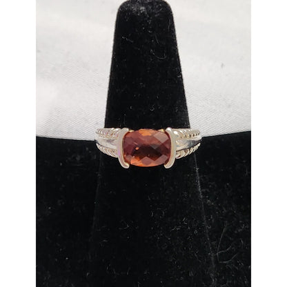 925 Sterling Silver Cushion Cut Amber Citrine Pink Accent Textured Band 8.25