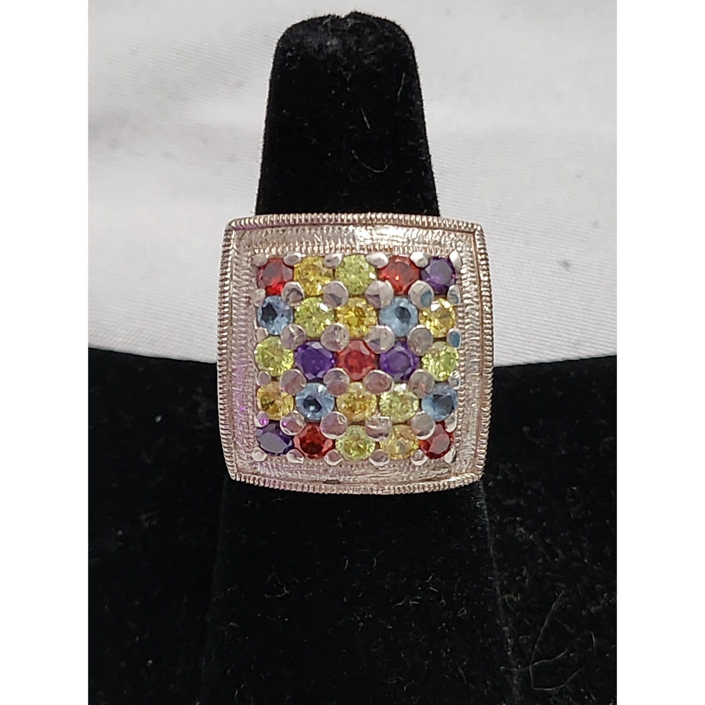 Sterling Silver Multi Gemstone Square Cocktail Ring Size 7.5 Rainbow Cluster