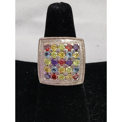 Sterling Silver Multi Gemstone Square Cocktail Ring Size 7.5 Rainbow Cluster