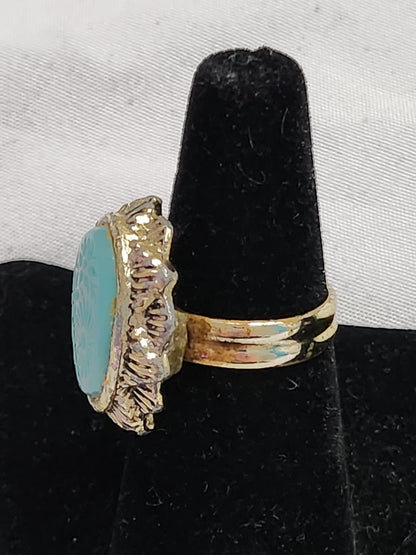 Vintage Aqua Blue Intaglio Floral Ring Gold Tone Scalloped Oval Statement 7.5