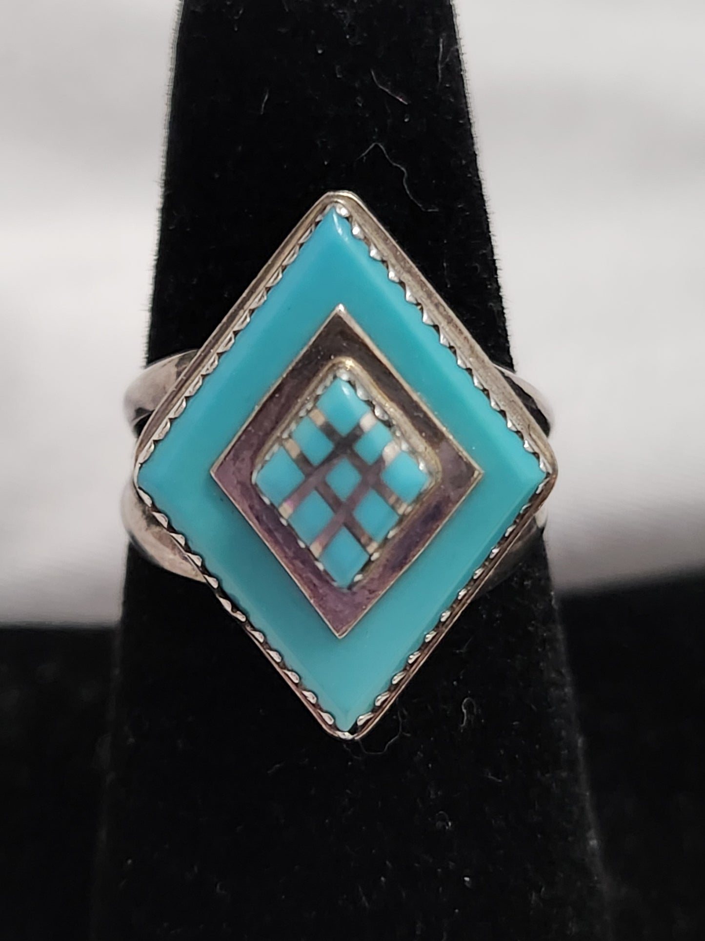 Vintage Sterling Silver Turquoise Mosaic Inlay Diamond Shape Ring Size 6.75