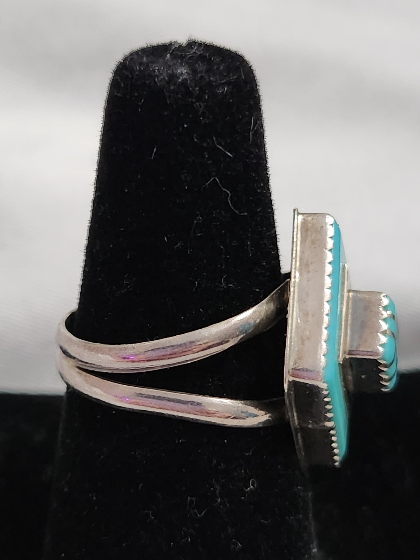 Vintage Sterling Silver Turquoise Mosaic Inlay Diamond Shape Ring Size 6.75