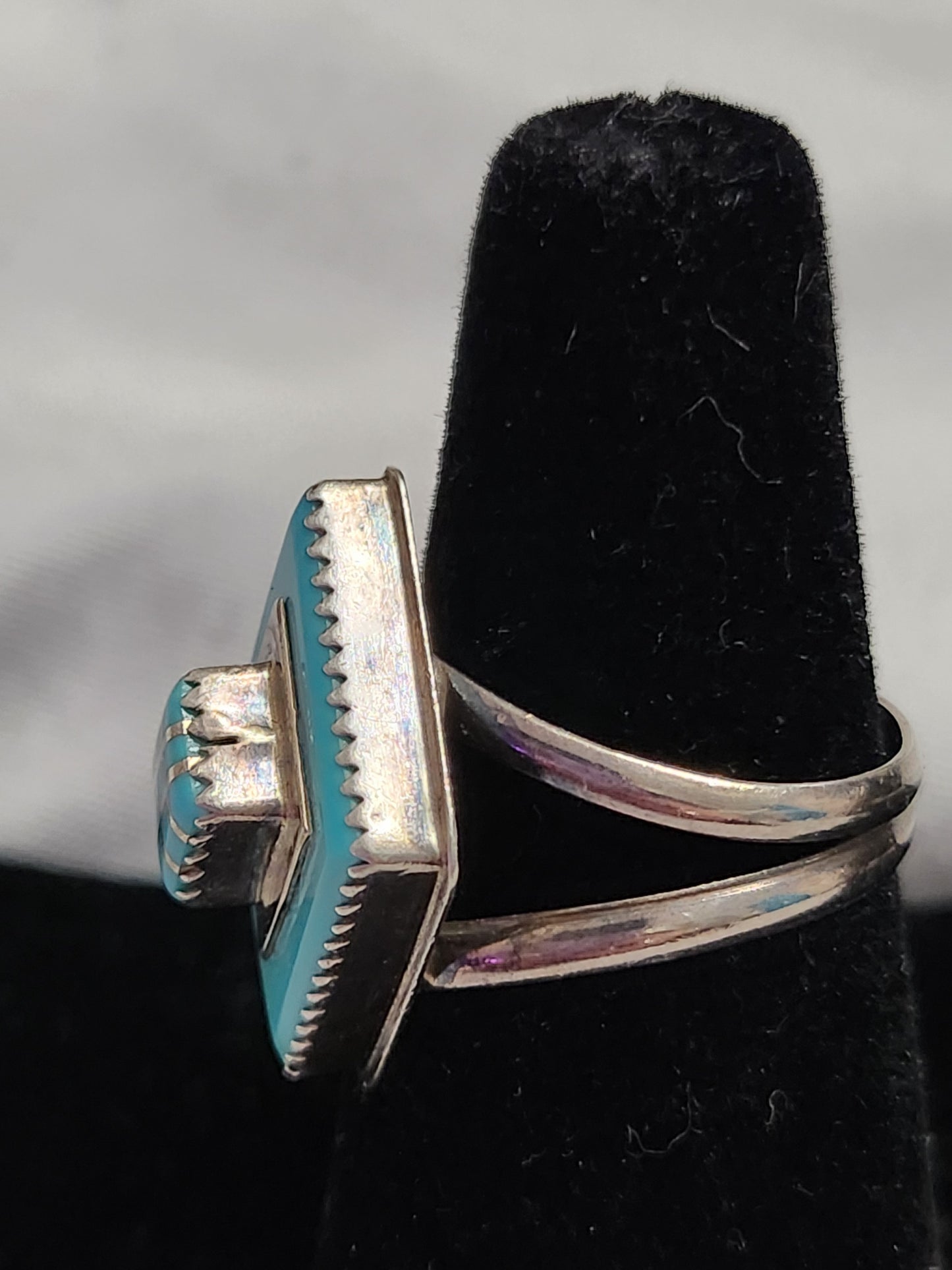 Vintage Sterling Silver Turquoise Mosaic Inlay Diamond Shape Ring Size 6.75