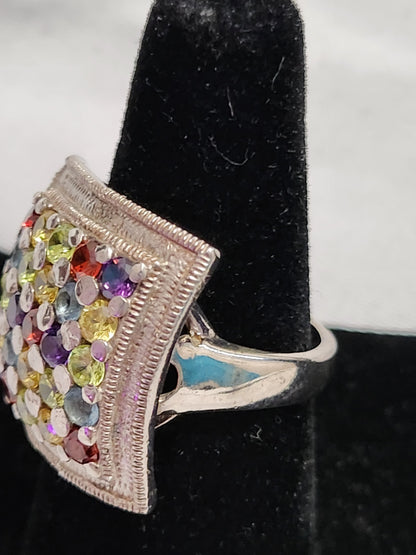 Sterling Silver Multi Gemstone Square Cocktail Ring Size 7.5 Rainbow Cluster