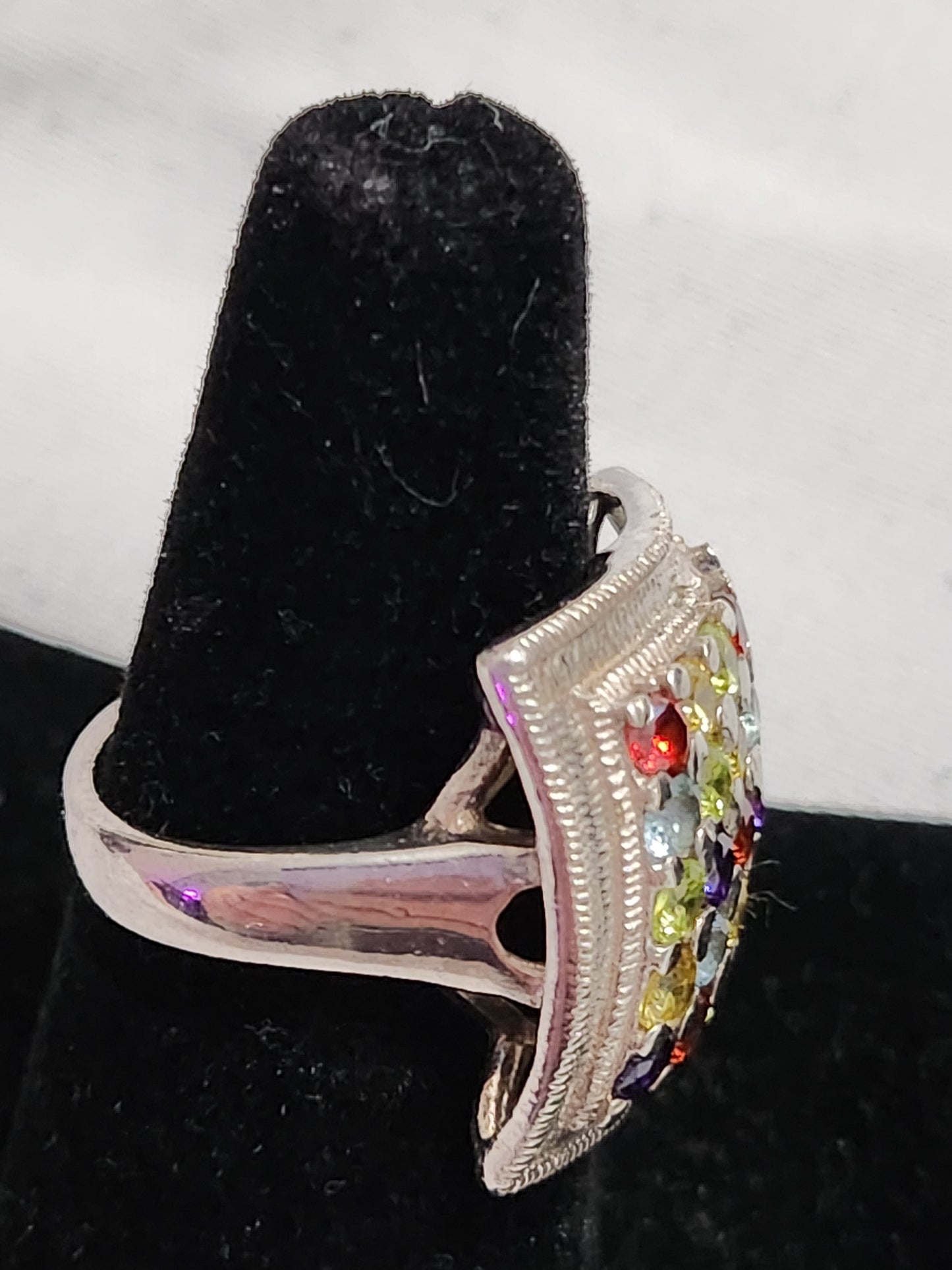 Sterling Silver Multi Gemstone Square Cocktail Ring Size 7.5 Rainbow Cluster