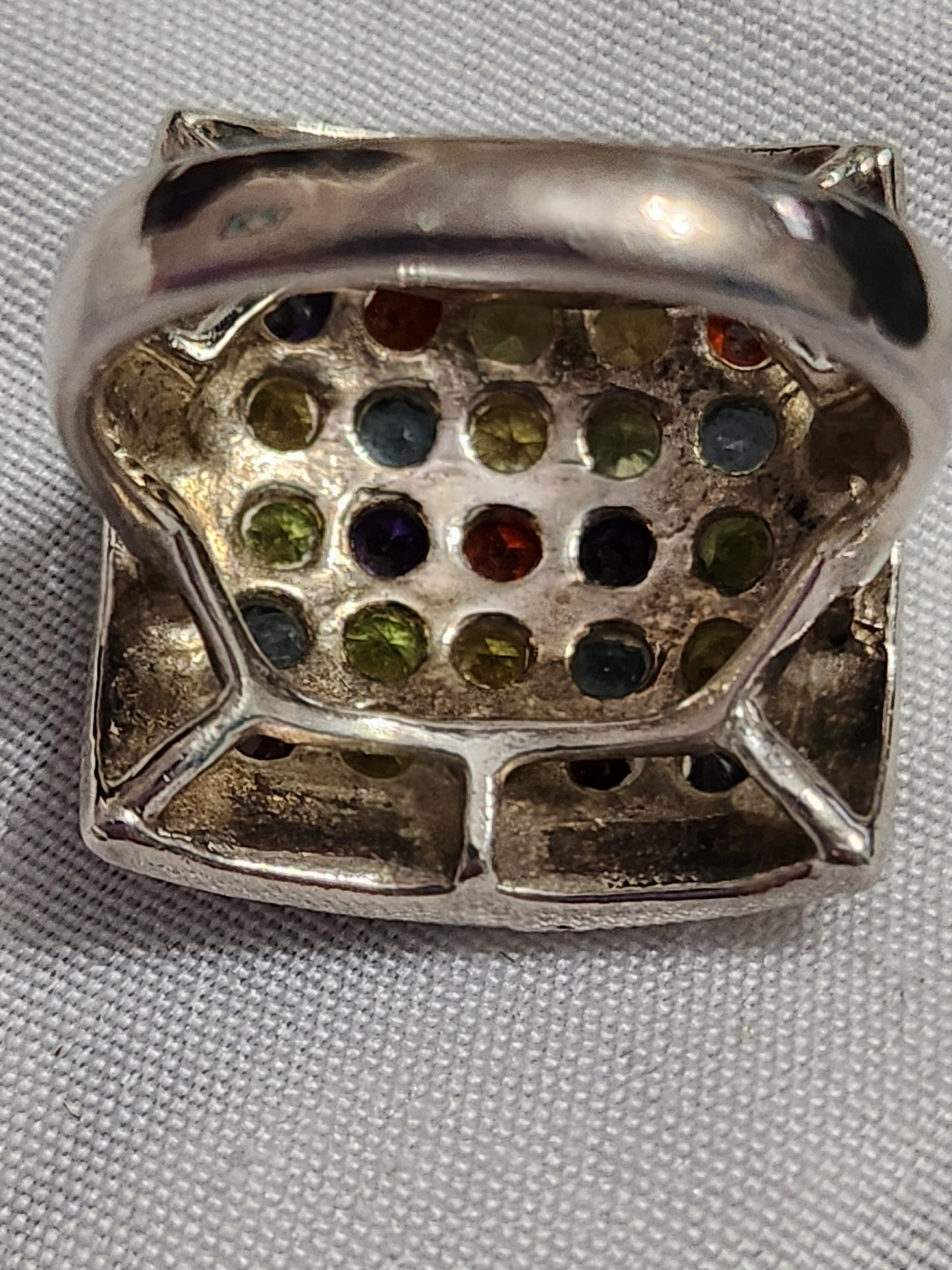 Sterling Silver Multi Gemstone Square Cocktail Ring Size 7.5 Rainbow Cluster