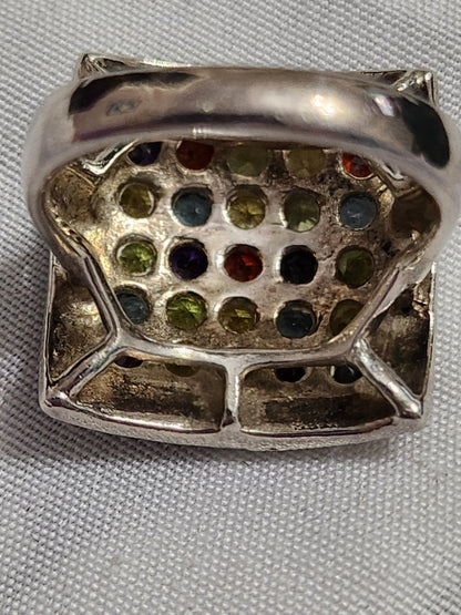 Sterling Silver Multi Gemstone Square Cocktail Ring Size 7.5 Rainbow Cluster