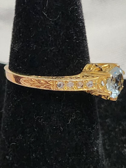 Vintage Style 925 Sterling Silver Gold Vermeil Blue Topaz Filigree Ring Size 6.5