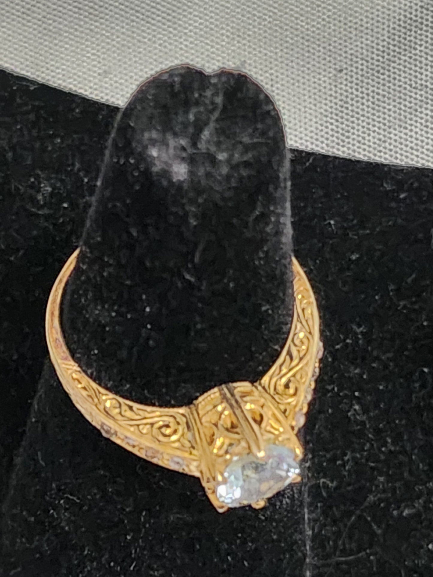 Vintage Style 925 Sterling Silver Gold Vermeil Blue Topaz Filigree Ring Size 6.5