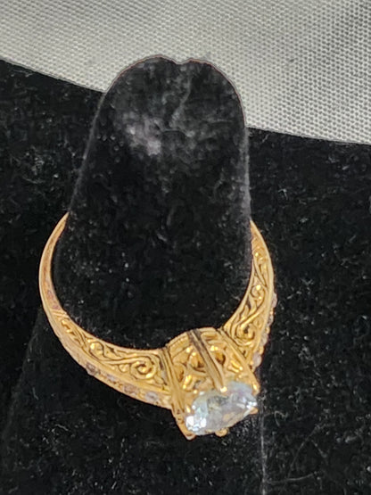 Vintage Style 925 Sterling Silver Gold Vermeil Blue Topaz Filigree Ring Size 6.5