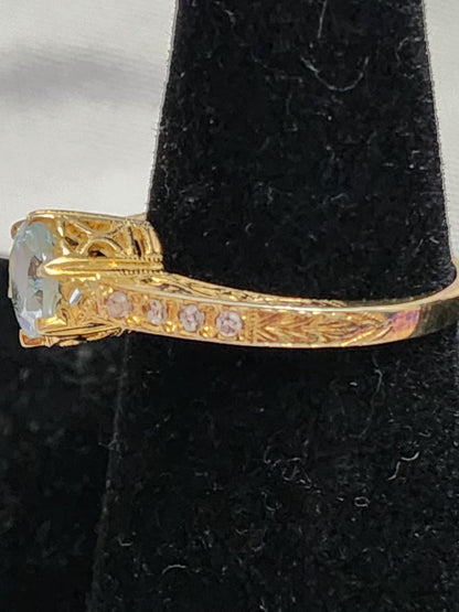 Vintage Style 925 Sterling Silver Gold Vermeil Blue Topaz Filigree Ring Size 6.5