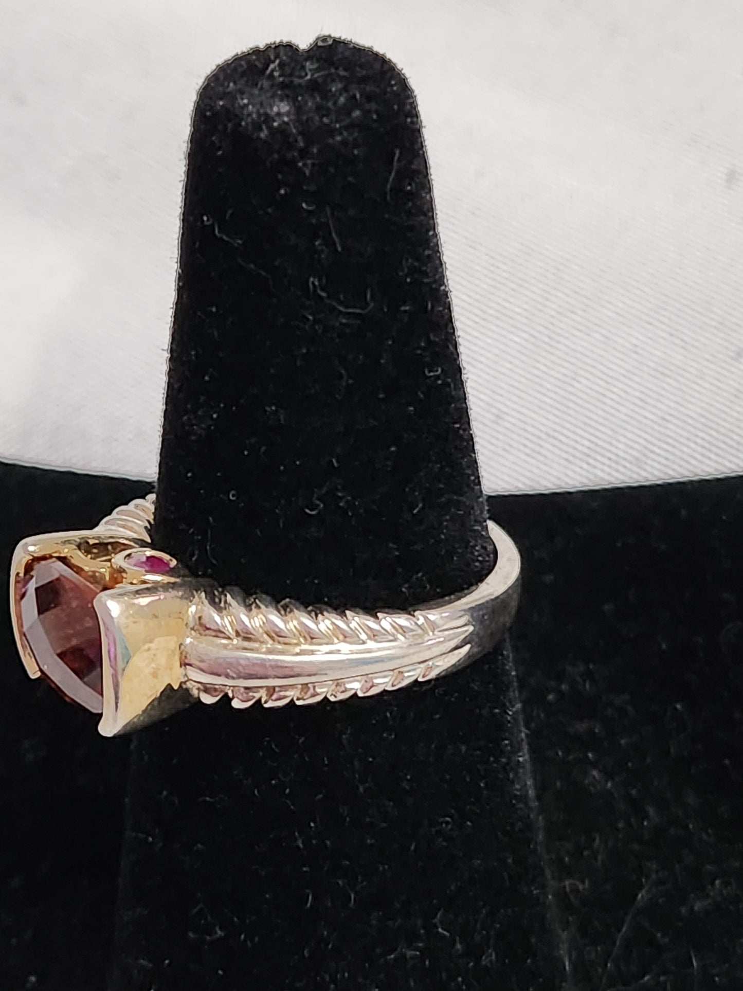 925 Sterling Silver Cushion Cut Amber Citrine Pink Accent Textured Band 8.25