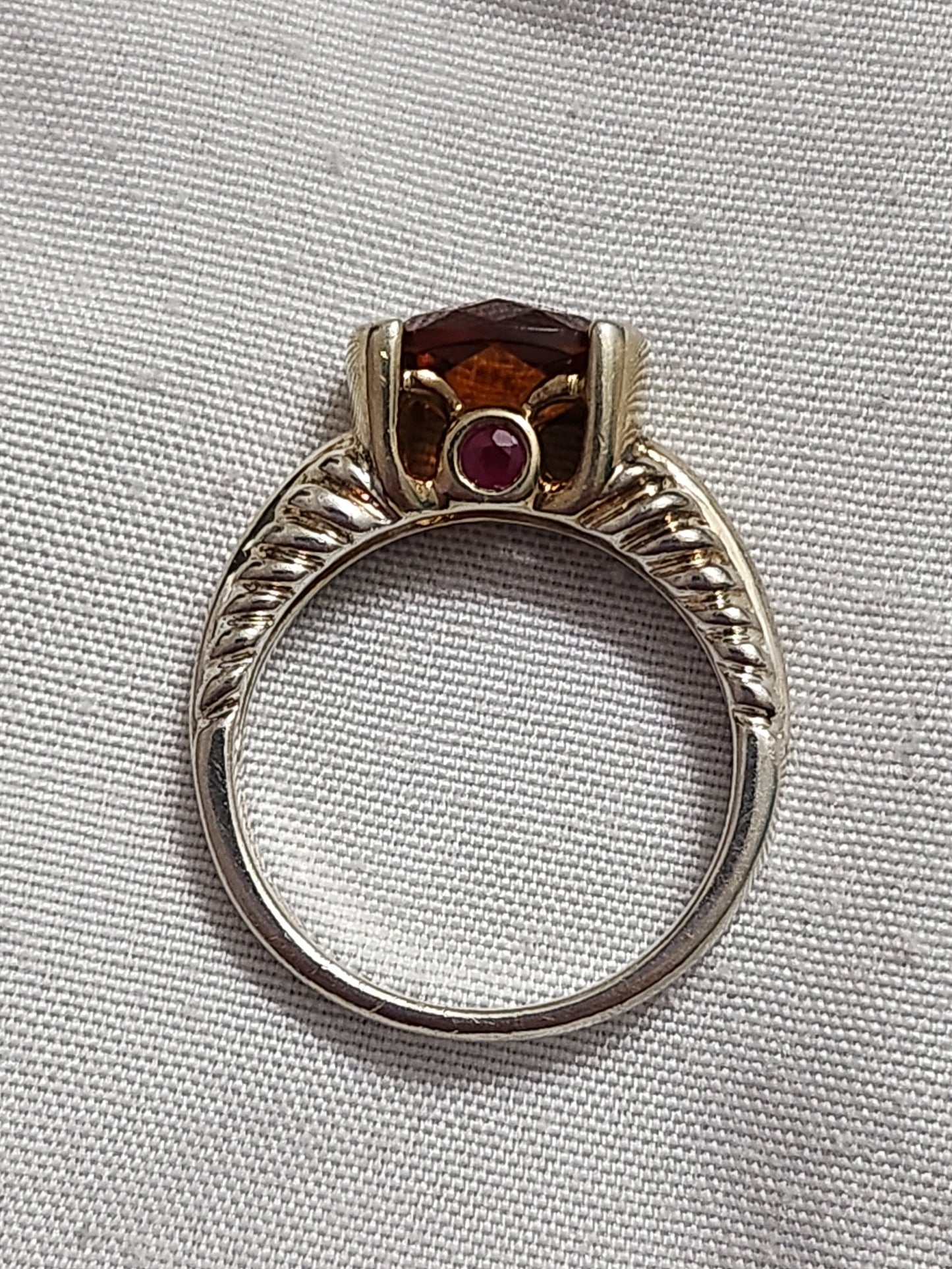 925 Sterling Silver Cushion Cut Amber Citrine Pink Accent Textured Band 8.25