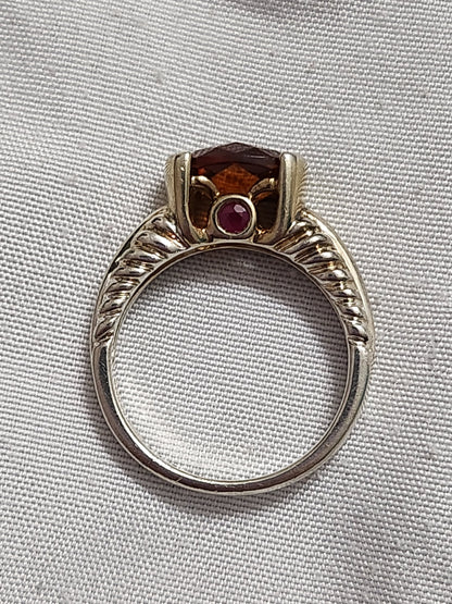 925 Sterling Silver Cushion Cut Amber Citrine Pink Accent Textured Band 8.25