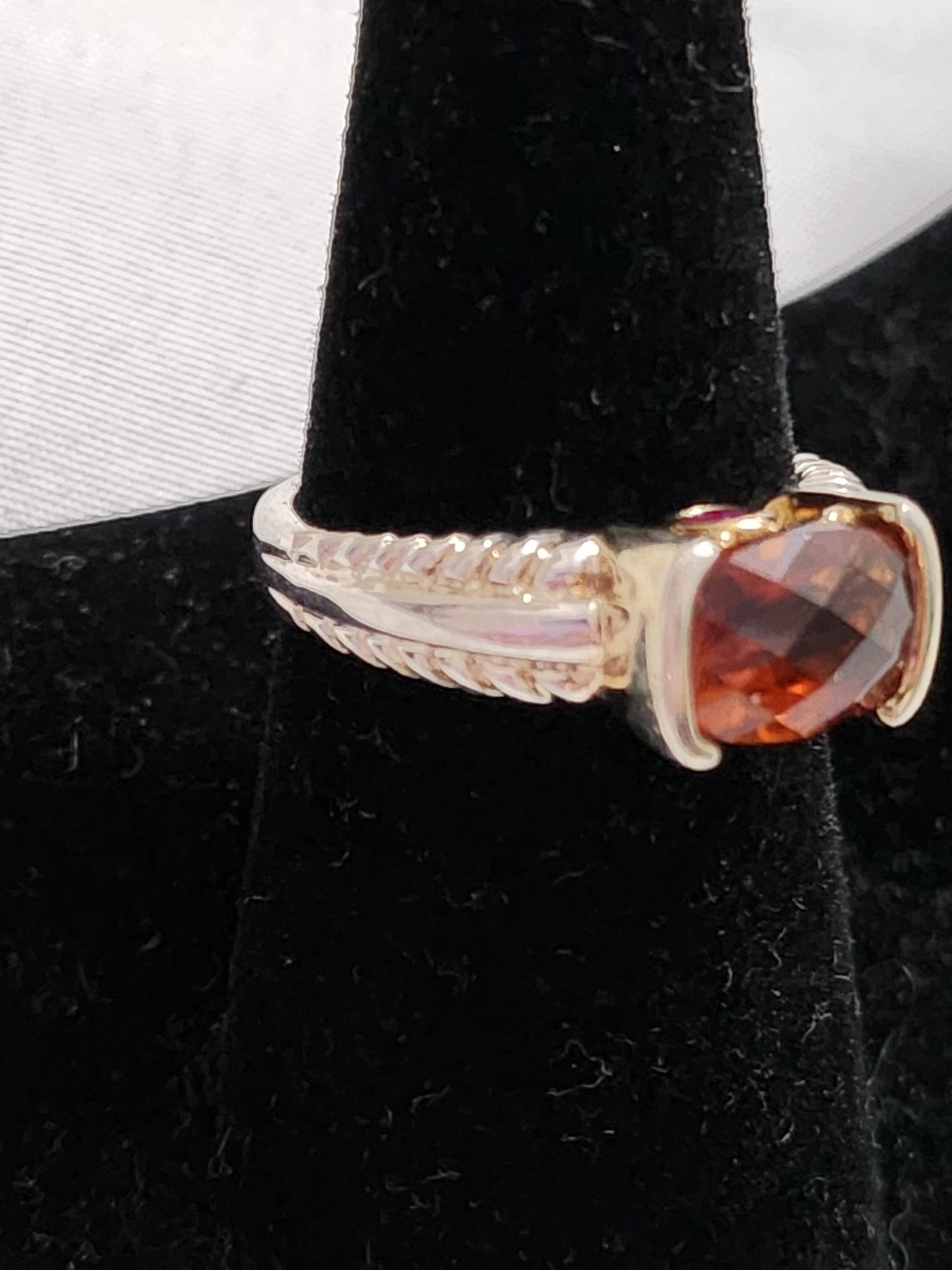925 Sterling Silver Cushion Cut Amber Citrine Pink Accent Textured Band 8.25