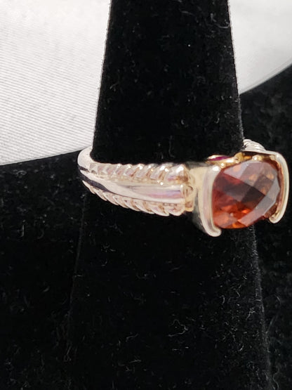 925 Sterling Silver Cushion Cut Amber Citrine Pink Accent Textured Band 8.25